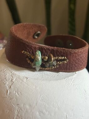 Handmade Recycled Brown Leather Bracelet with Gemstones and Bronze Beads